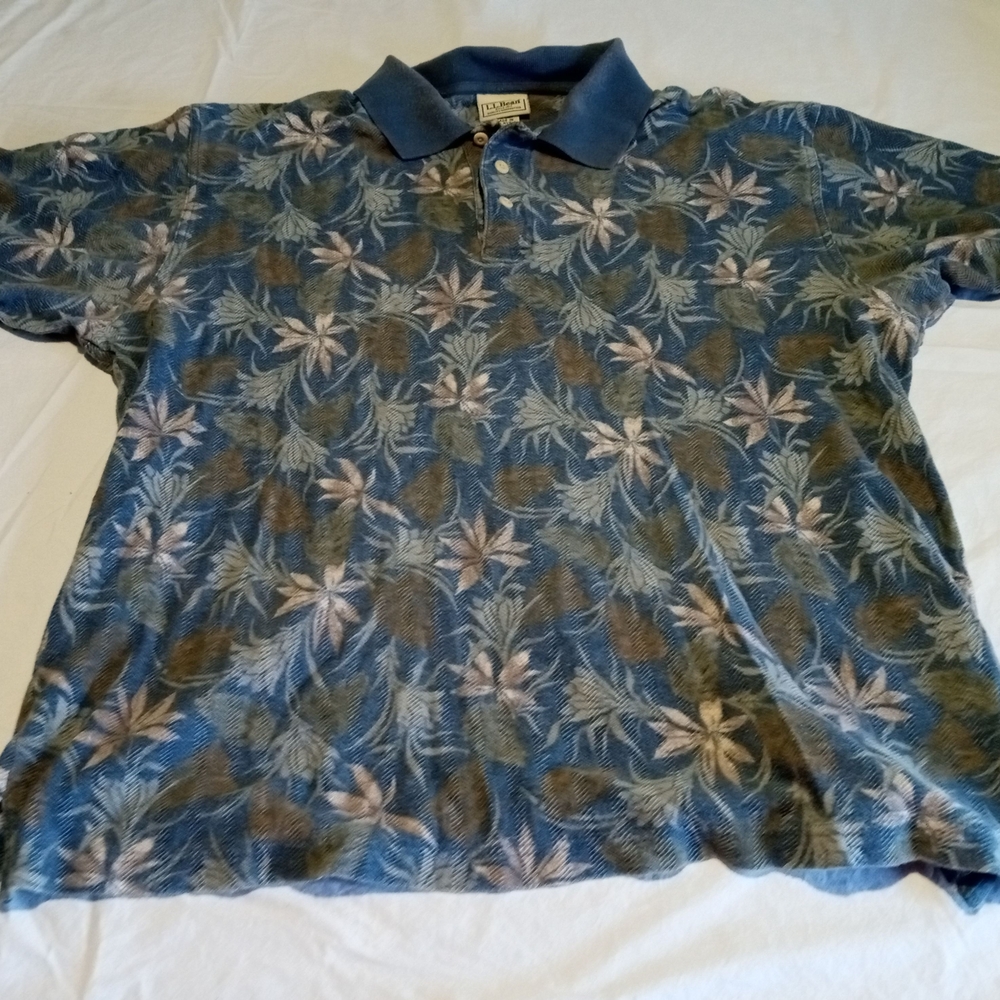 L.L. Bean Blue and Brown Floral Polo